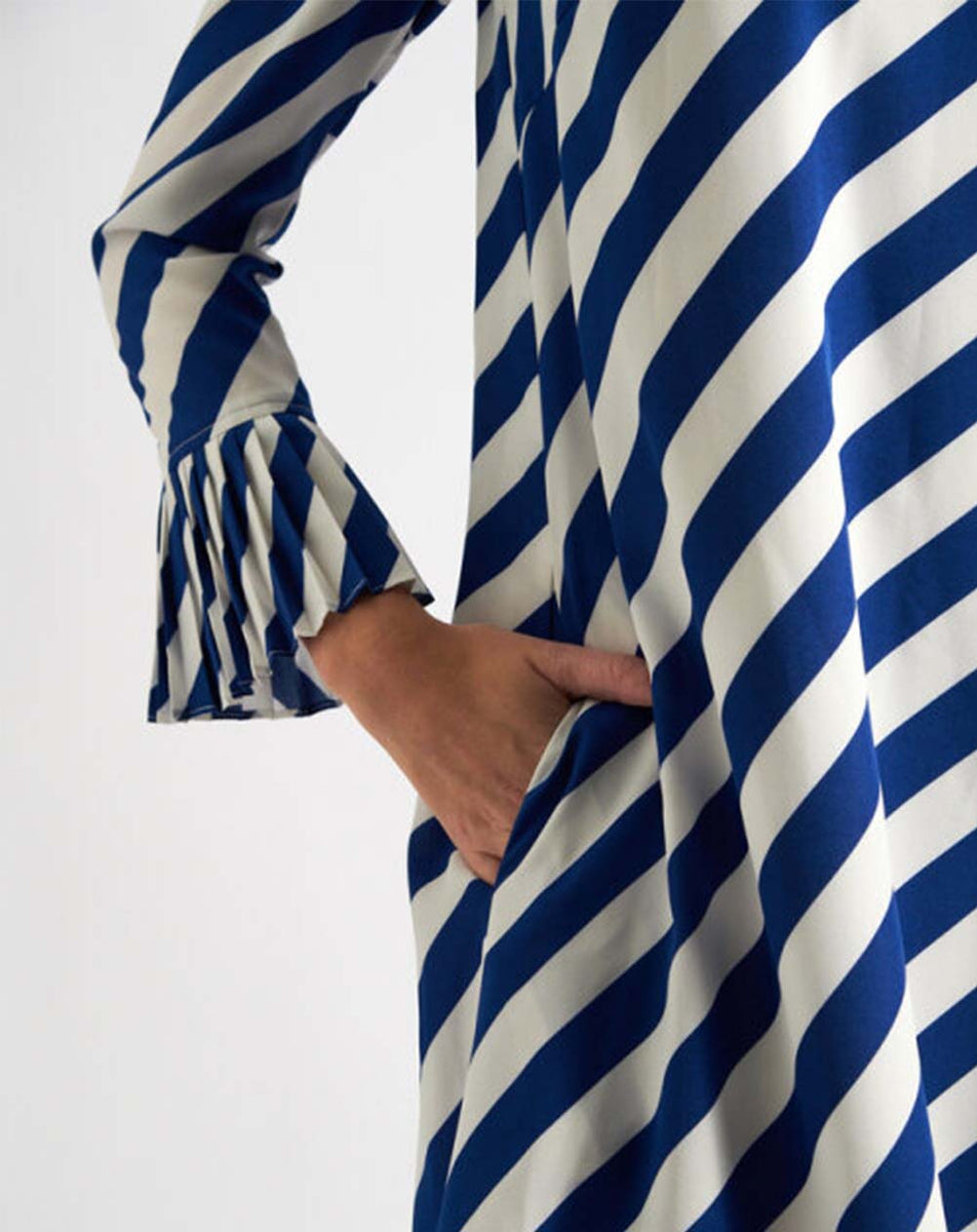 Louche - Megann Pleat cuff Mini Dress - Blue Diagonal Lines  Lilac Rose