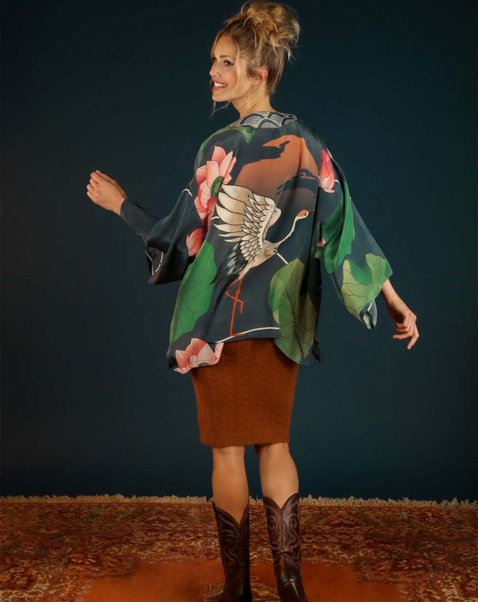 Powder Crane At Sunrise Kimono Jacket in Charcoal Lilac Rose