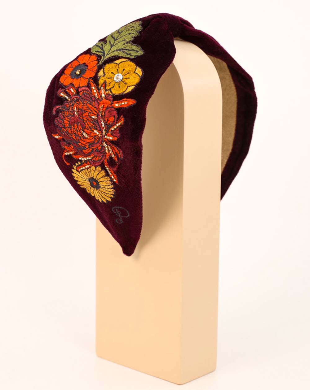 Powder Embroidered Vintage Floral Headband in Damson