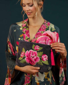 Powder Painted Peony Velvet Zip Pouch in Charcoal