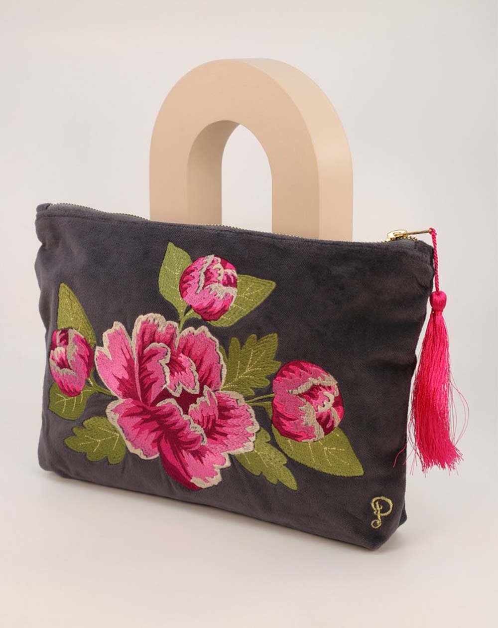 Powder Painted Peony Velvet Zip Pouch in Charcoal