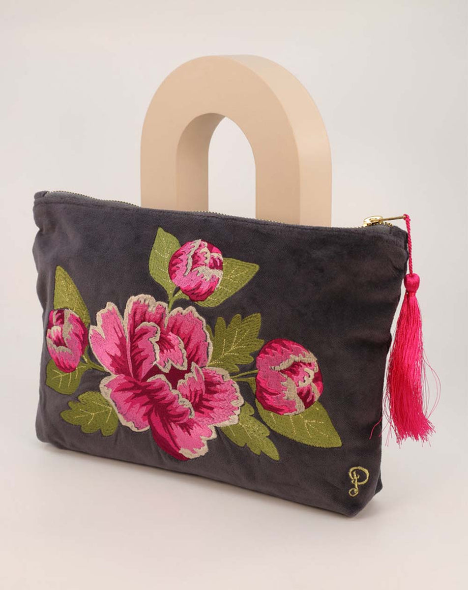 Powder Painted Peony Velvet Zip Pouch in Charcoal – Lilac Rose