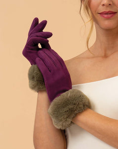 Powder - Bettina Faux Suede/Faux Fur Gloves - Damson/Olive
