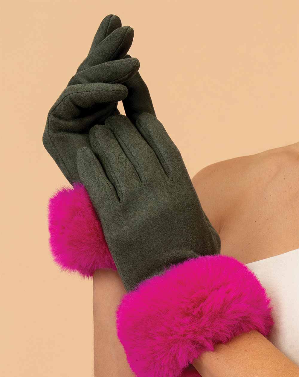 Powder - Bettina Faux Suede/Faux Fur Gloves - Olive/Magenta
