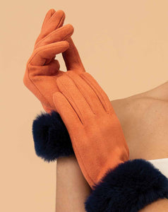 Powder - Bettina Faux Suede/Faux Fur Gloves - Tangerine/Navy
