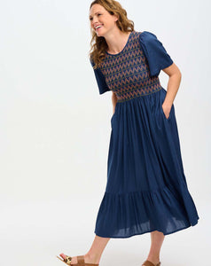 Sugarhill - Brielle Midi Shirred Dress - Washed Navy, Zigzag Shirring
