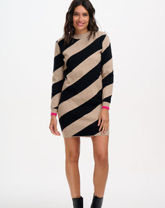 Sugarhill - Verity Knit Dress - Beige/Black, Diagonal Stripe