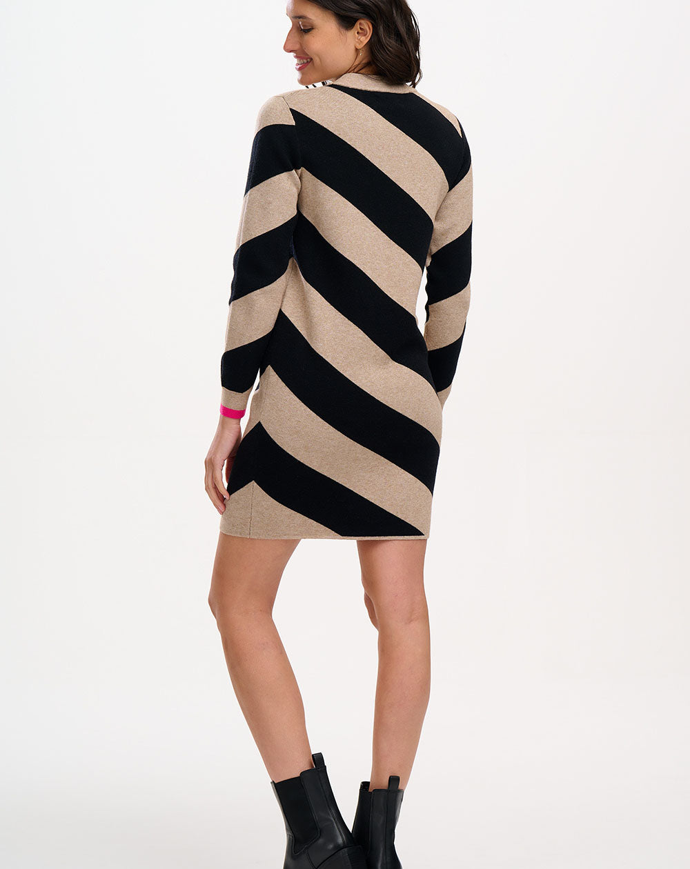 Sugarhill - Verity Knit Dress - Beige/Black, Diagonal Stripe