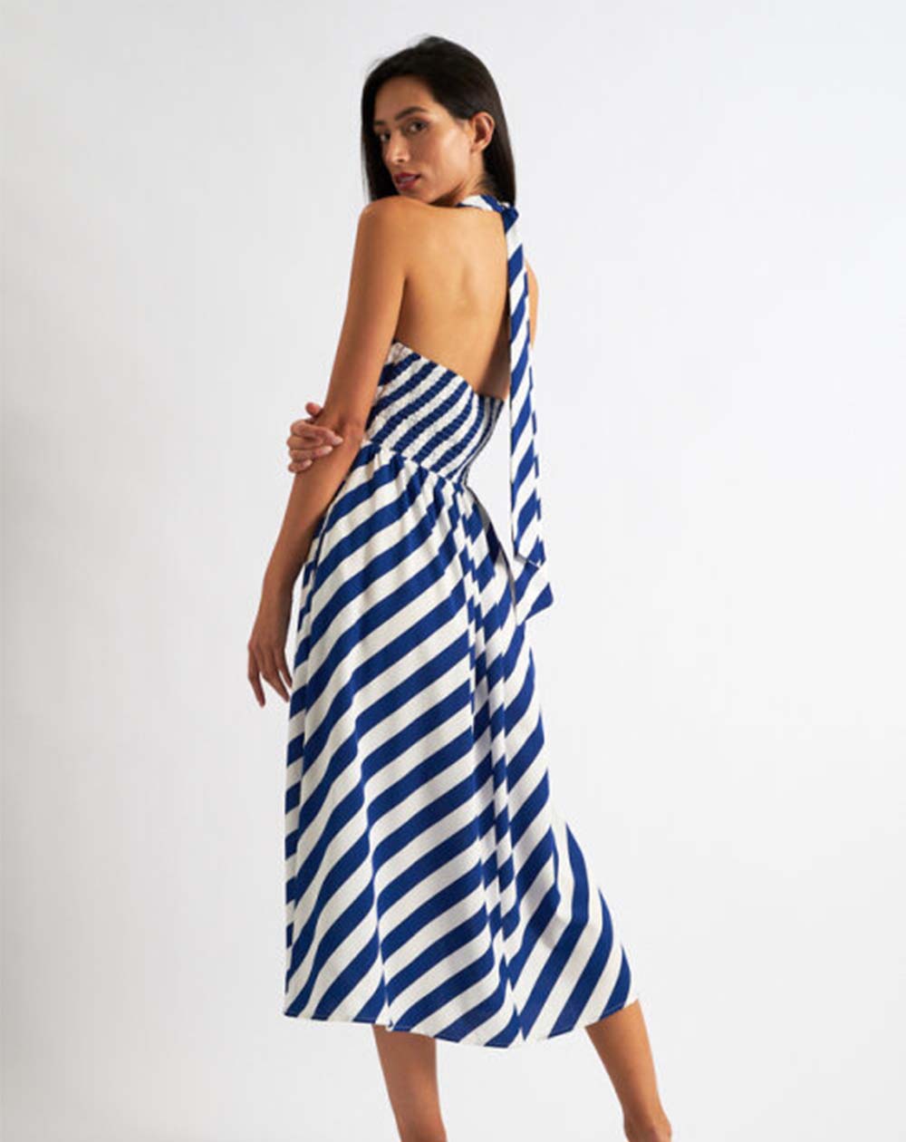 Louche - Geri Halter Midi Dress - Blue Diagonal Lines Lilac Rose Louche - Geri Halter Midi Dress - Blue Diagonal Lines Lilac Rose