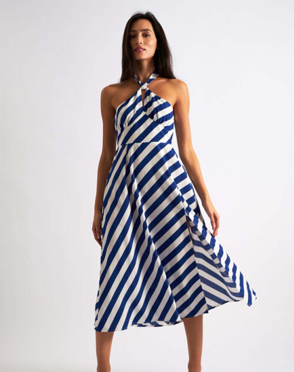 Louche - Geri Halter Midi Dress - Blue Diagonal Lines Lilac Rose Louche - Geri Halter Midi Dress - Blue Diagonal Lines Lilac Rose