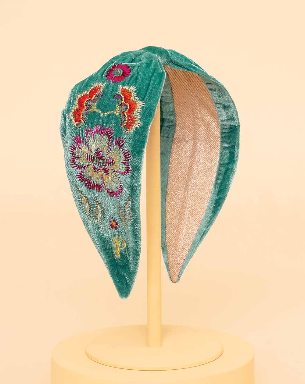 Powder - Embroidered Velvet Headband - Floral Symmetry Aqua