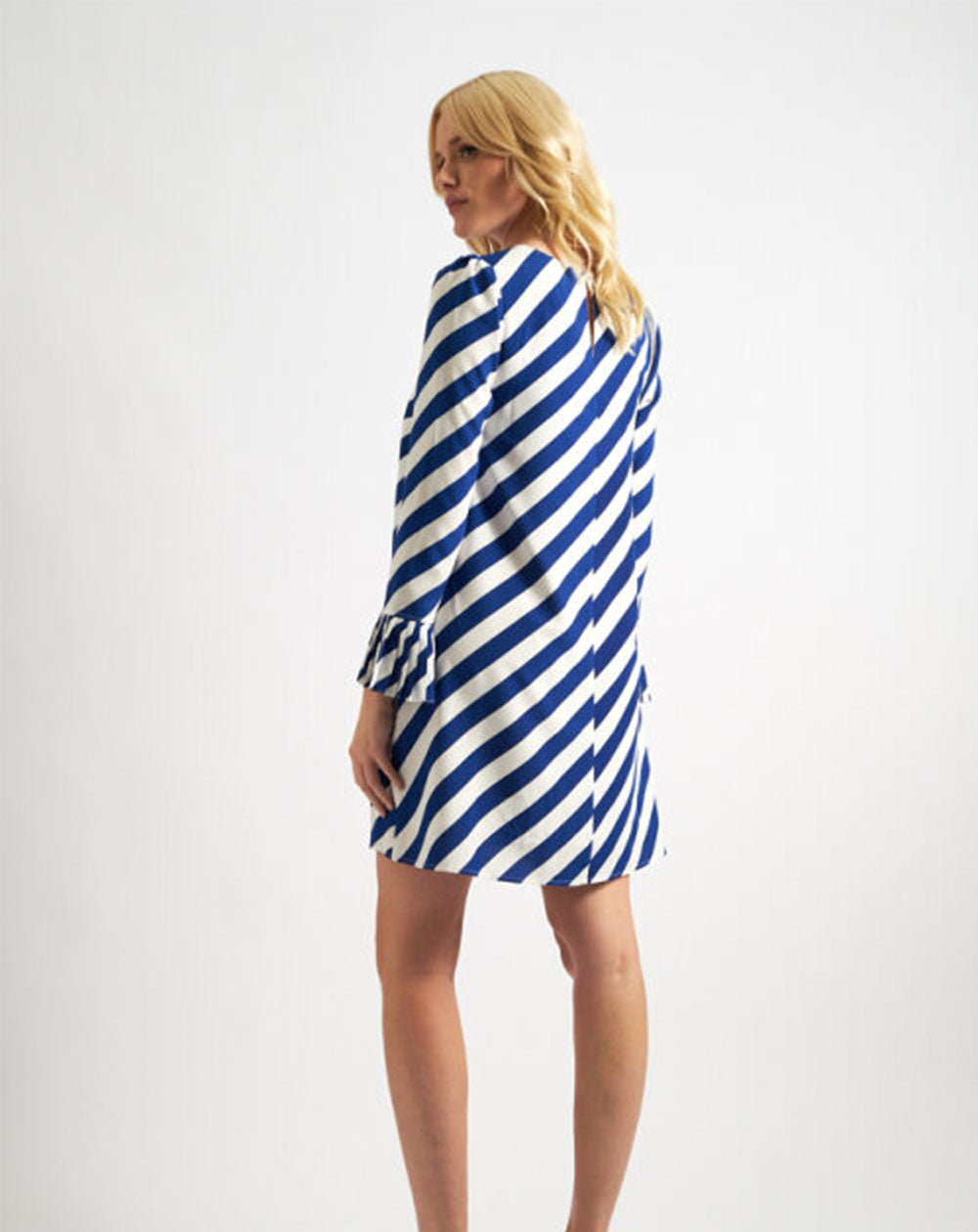 Louche - Megann Pleat cuff Mini Dress - Blue Diagonal Lines