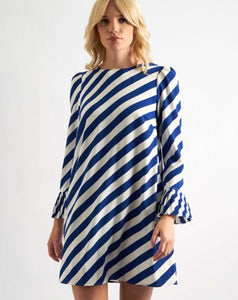 Louche - Megann Pleat cuff Mini Dress - Blue Diagonal Lines