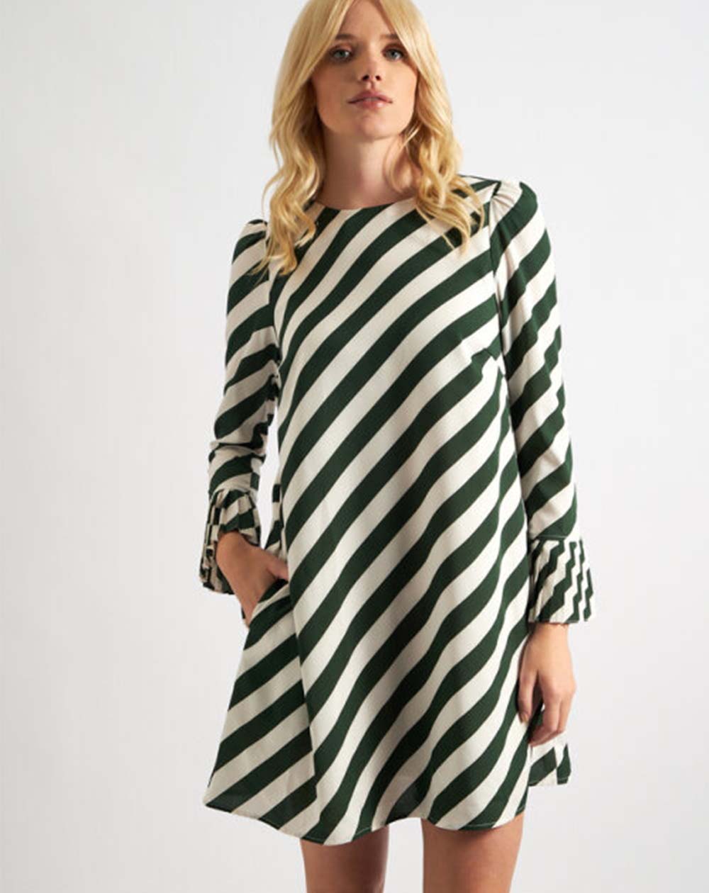 Louche - Megann Pleat cuff Mini Dress - Green Diagonal Lines