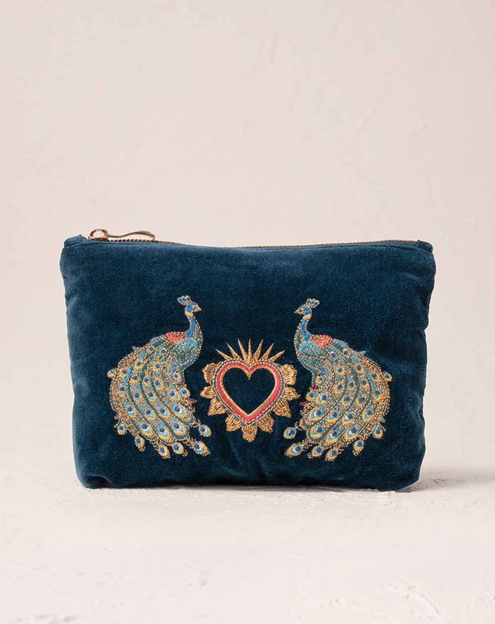 Elizabeth Scarlett - Mini Pouch - Peacock Floral (Ink Blue Velvet)