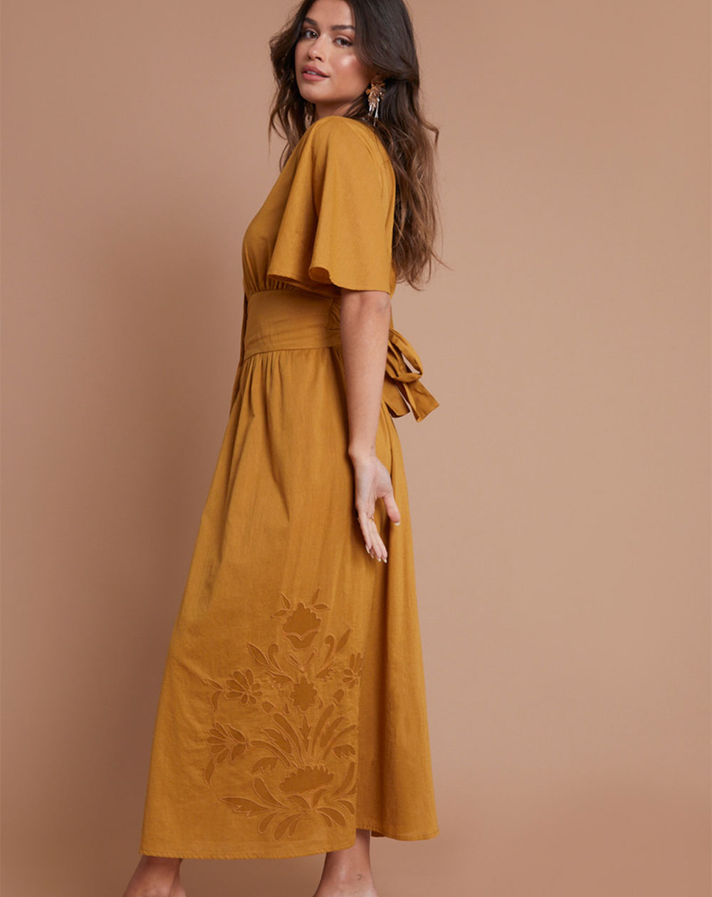 Another Sunday - Midi Dress – Flutter Sleeve Button Through in Mustard