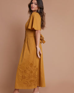 Another Sunday - Midi Dress – Flutter Sleeve Button Through in Mustard