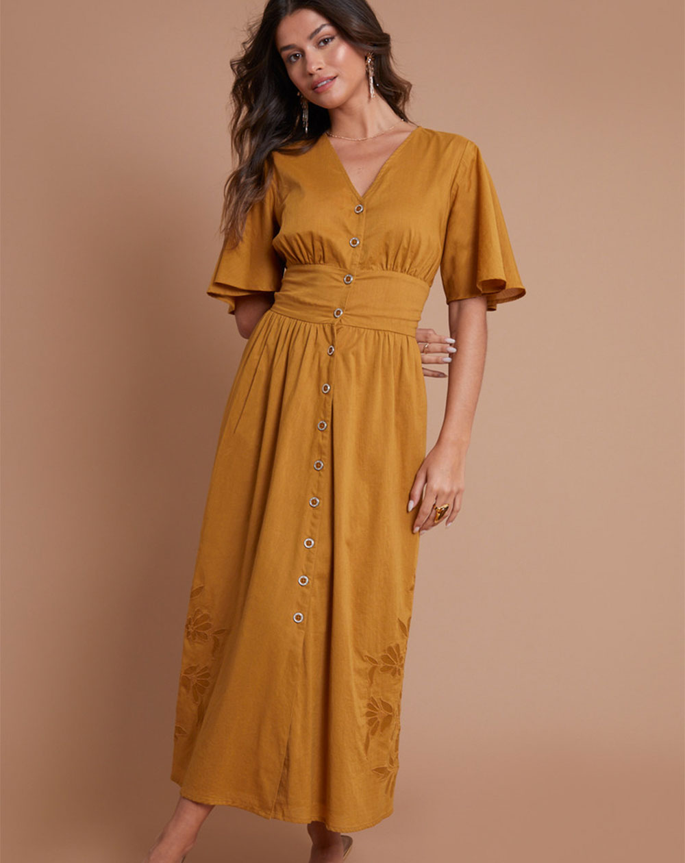 Another Sunday - Midi Dress – Flutter Sleeve Button Through in Mustard