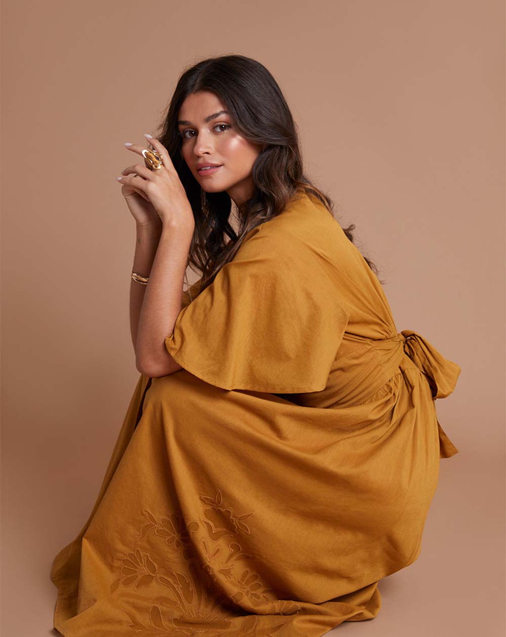 Another Sunday - Midi Dress – Flutter Sleeve Button Through in Mustard