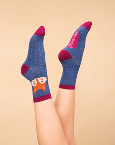 Powder - Cheeky Fox Face Ankle Socks - Denim