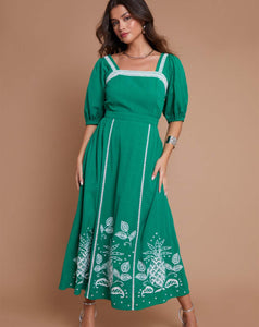 Another Sunday - Midi Dress – Puff Sleeve with Embroidered Detail in Green