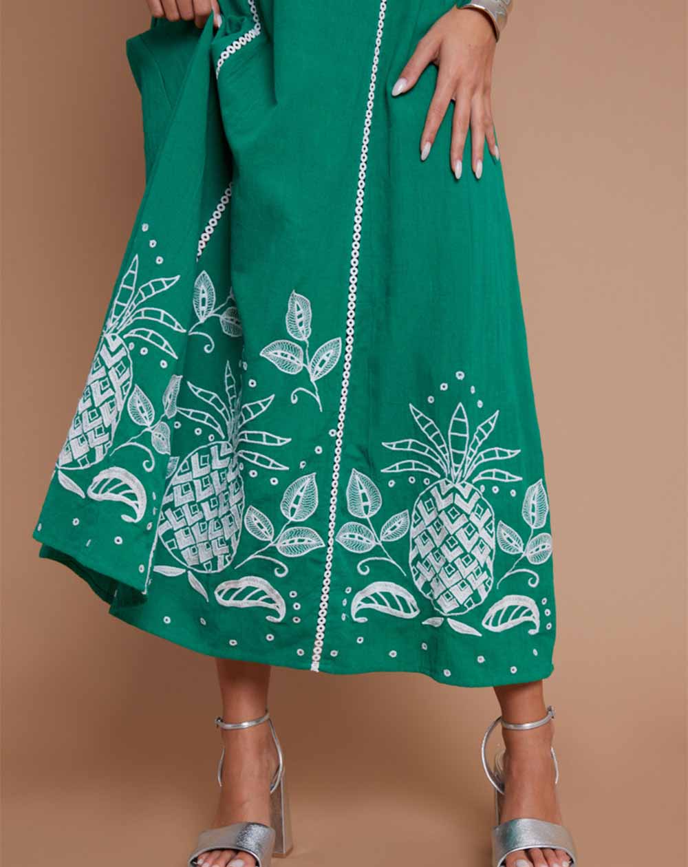 Another Sunday - Midi Dress – Puff Sleeve with Embroidered Detail in Green