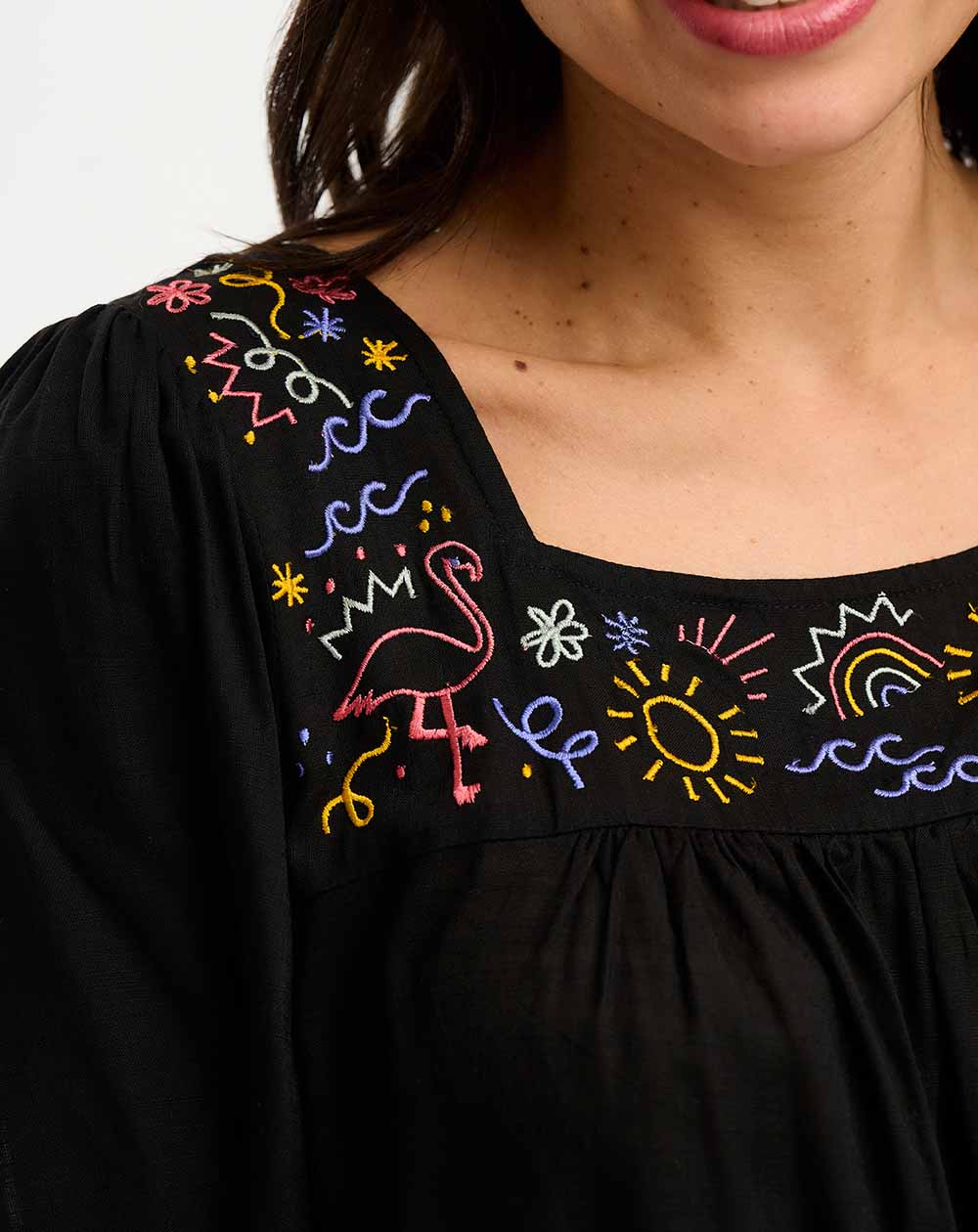 Sugarhill - Carmen Top - Black, Flamingo Doodle Embroidery