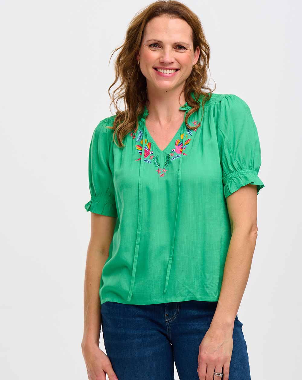 Sugarhill - Angelique Shirred Top - Green, Rainbow Parrots Embroidery
