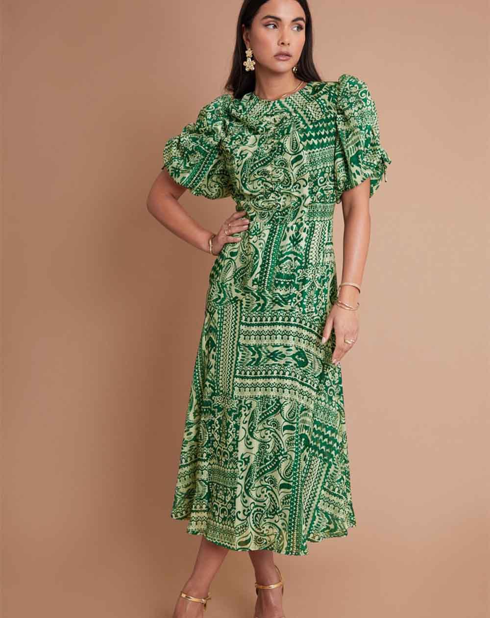 Another Sunday - Midi Dress – Puff Sleeve Aztec Lurex in Green