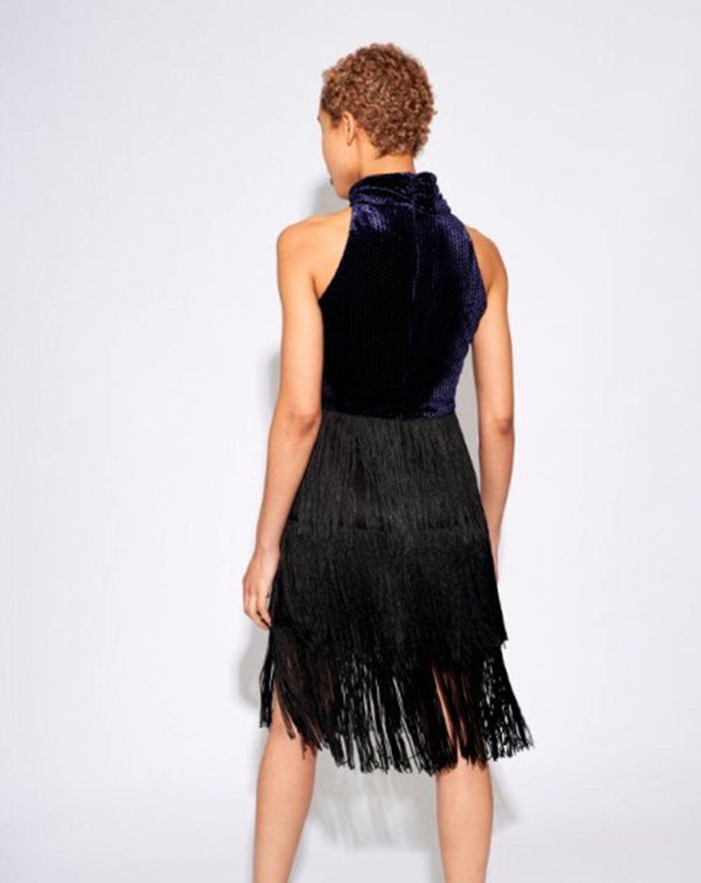 Louche - Karene Fringe Skirt Velvet Mini Dress - Navy