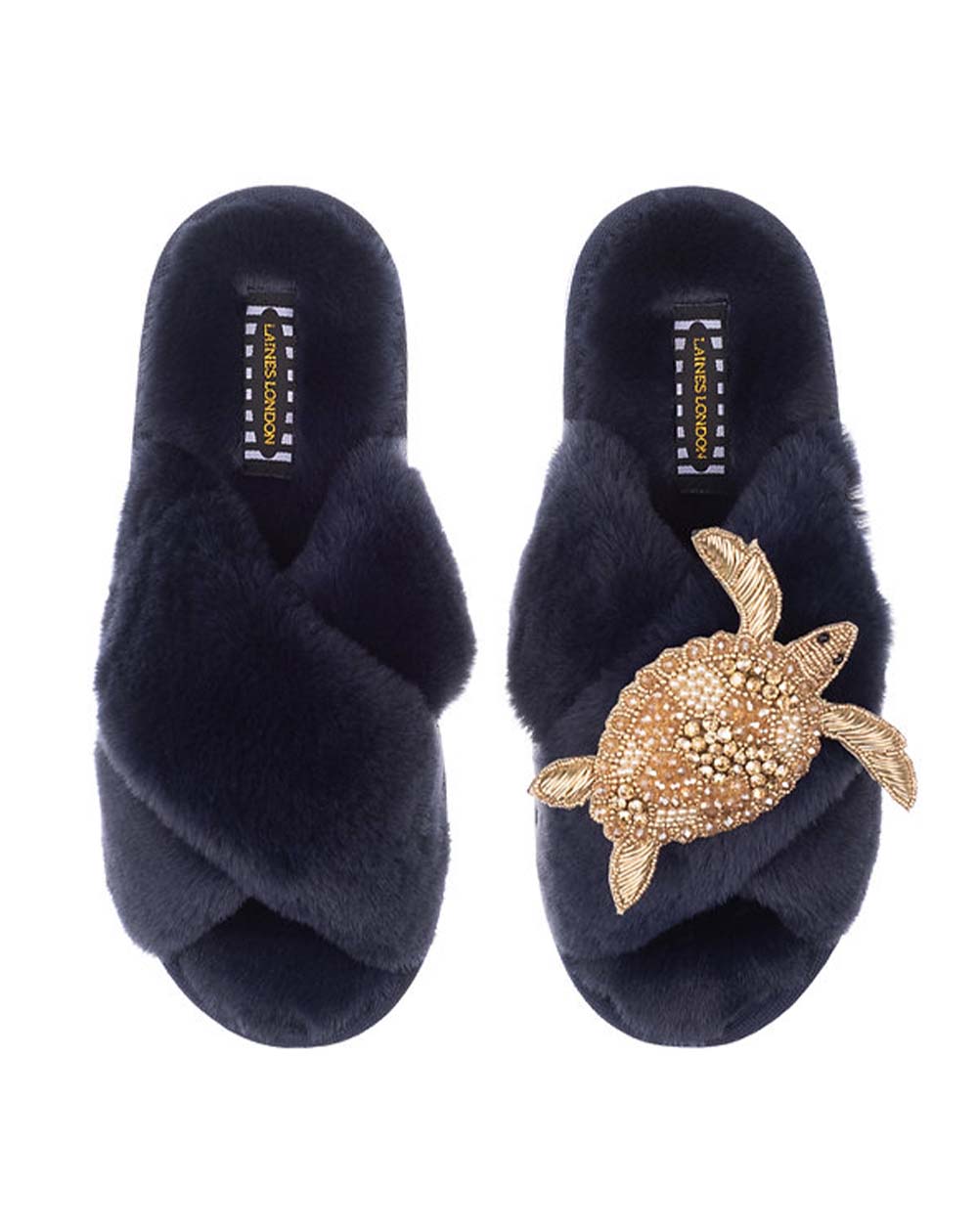 Laines Classic Slippers with Artisan Gold Turtle in Navy