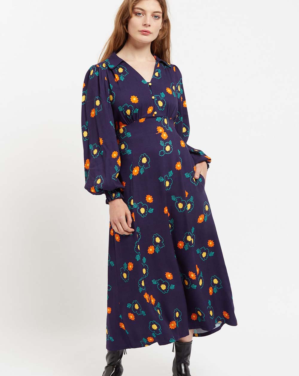 Jussi Clarice Floral Print Long Sleeve Midi Dress