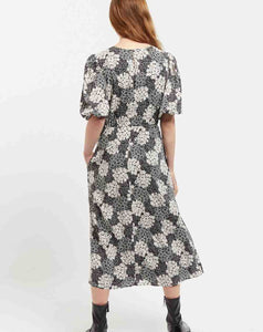 Louche Leonore Flower Patch Balloon Sleeve Midi Dress in Black & White