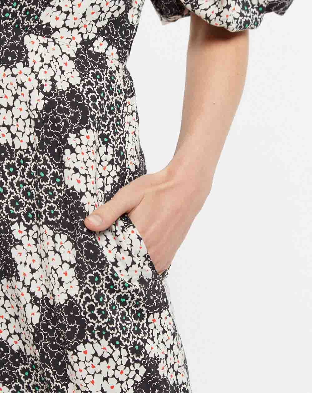 Louche Leonore Flower Patch Balloon Sleeve Midi Dress in Black & White