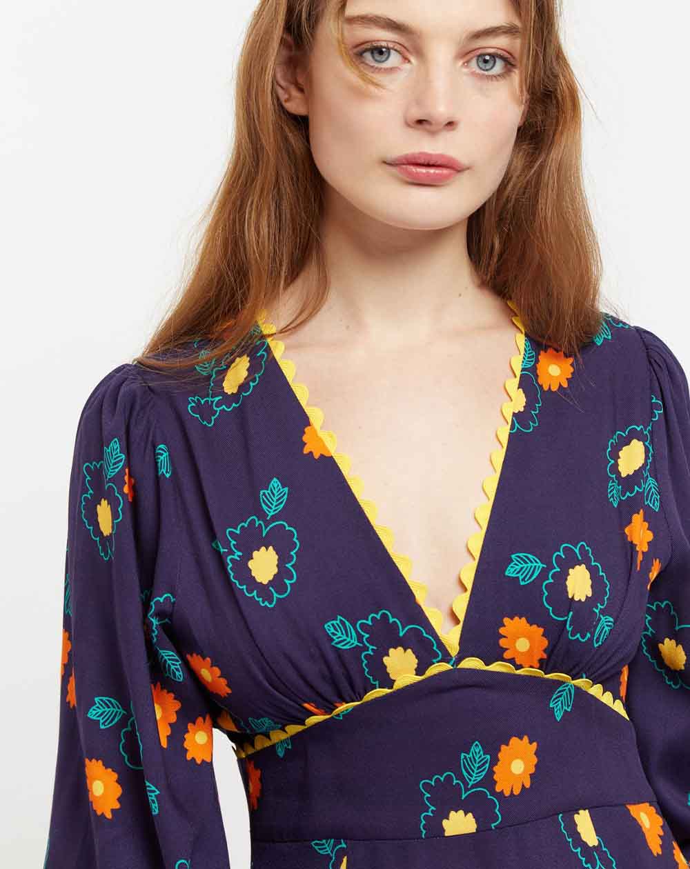 Louche Marize Clarice Floral Print V Neck Long Sleeve Midi Dress