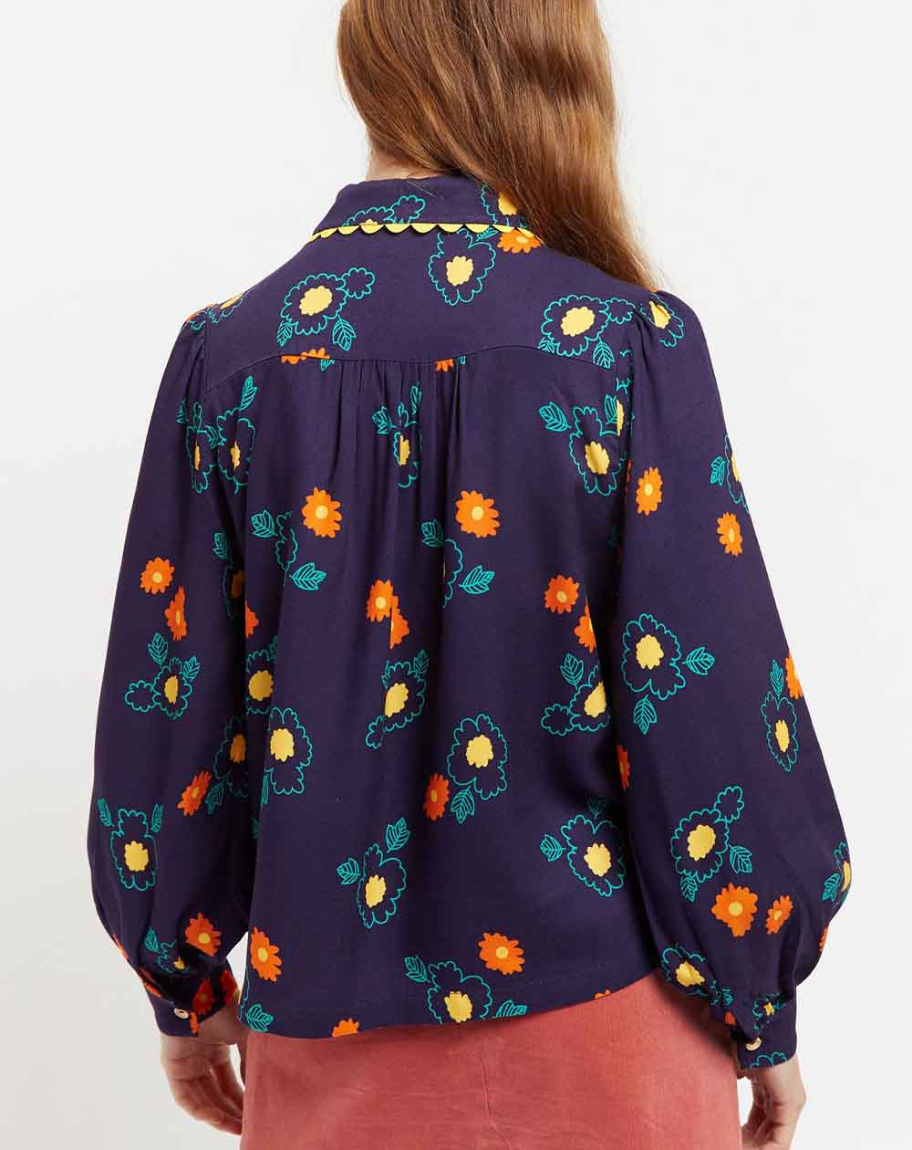 Louche Olena Clarice Floral Print Ric Rac Trimmed Blouse in Navy