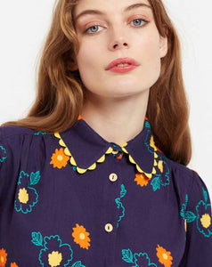Louche Olena Clarice Floral Print Ric Rac Trimmed Blouse in Navy