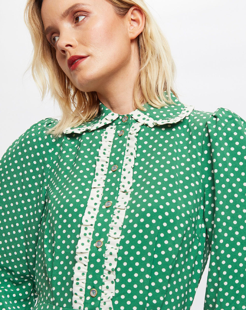 Louche Nancy Polka Dot Print Long Sleeve Mini Dress in Green