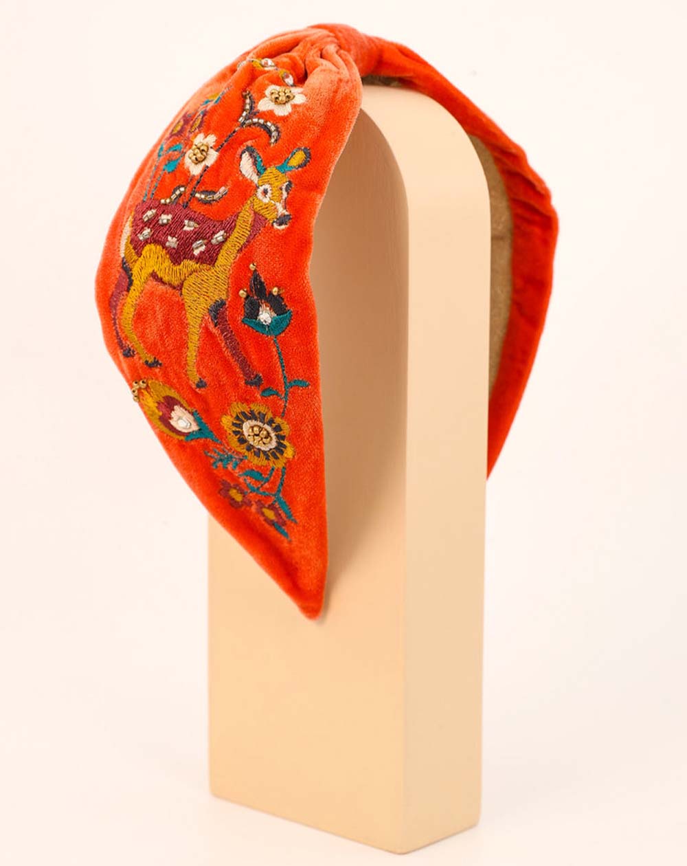 Powder Embroidered Fawn In A Meadow Headband in Tangerine