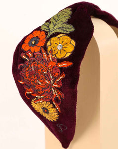 Powder Embroidered Vintage Floral Headband in Damson