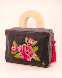 Powder Painted Peony Velvet Wash Bag in Charcoal