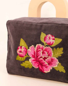 Powder Painted Peony Velvet Wash Bag in Charcoal