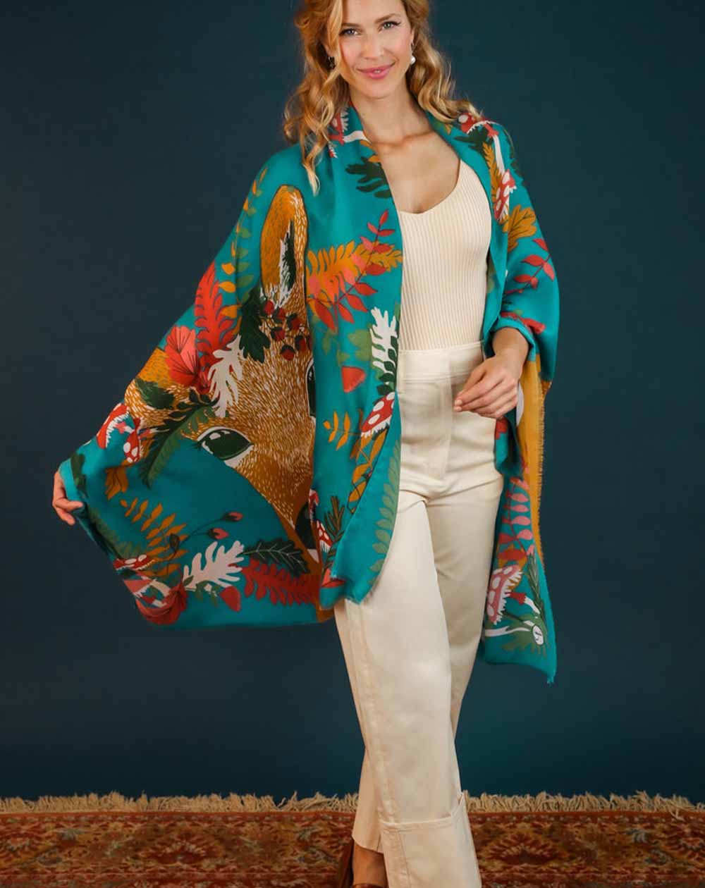 Powder Print Decorative Doe Scarf in Teal