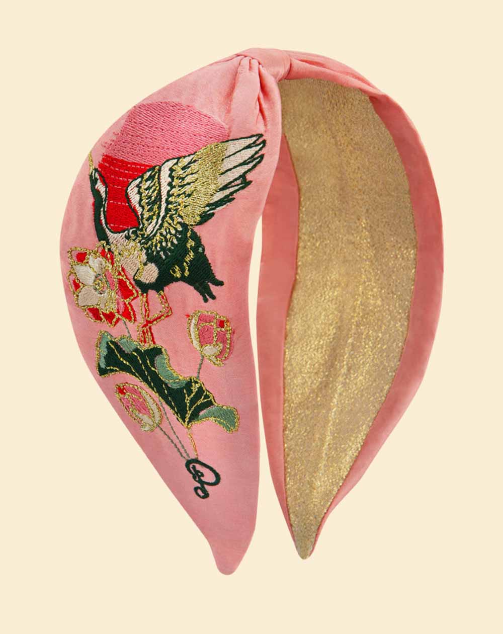 Powder Satin Embroidered Headband - Crane at Sunrise in Petal