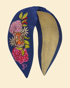 Powder Satin Embroidered Headband - Floral Tiger Face in Indigo