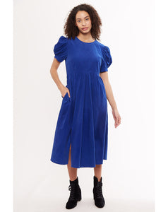 Louche Stasia Blue Baby Cord Statement Sleeve Midi Dress
