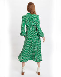 Louche Sorrel Polka Dot Print Long Sleeve Midi Dress in Green